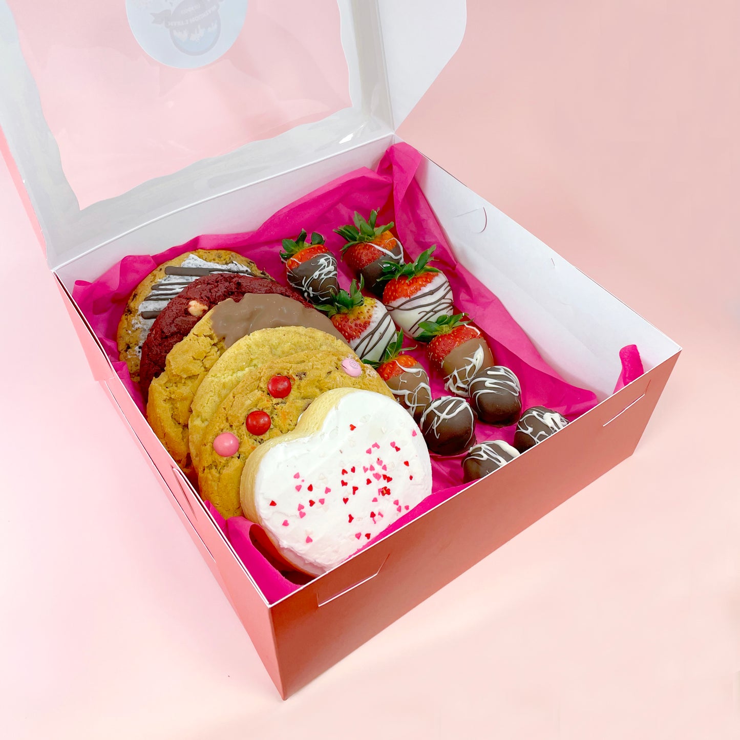 Ooh La Love Box - 6 Cookies with 6 Dipped Strawberries and 4 Brownie Bon-Bons